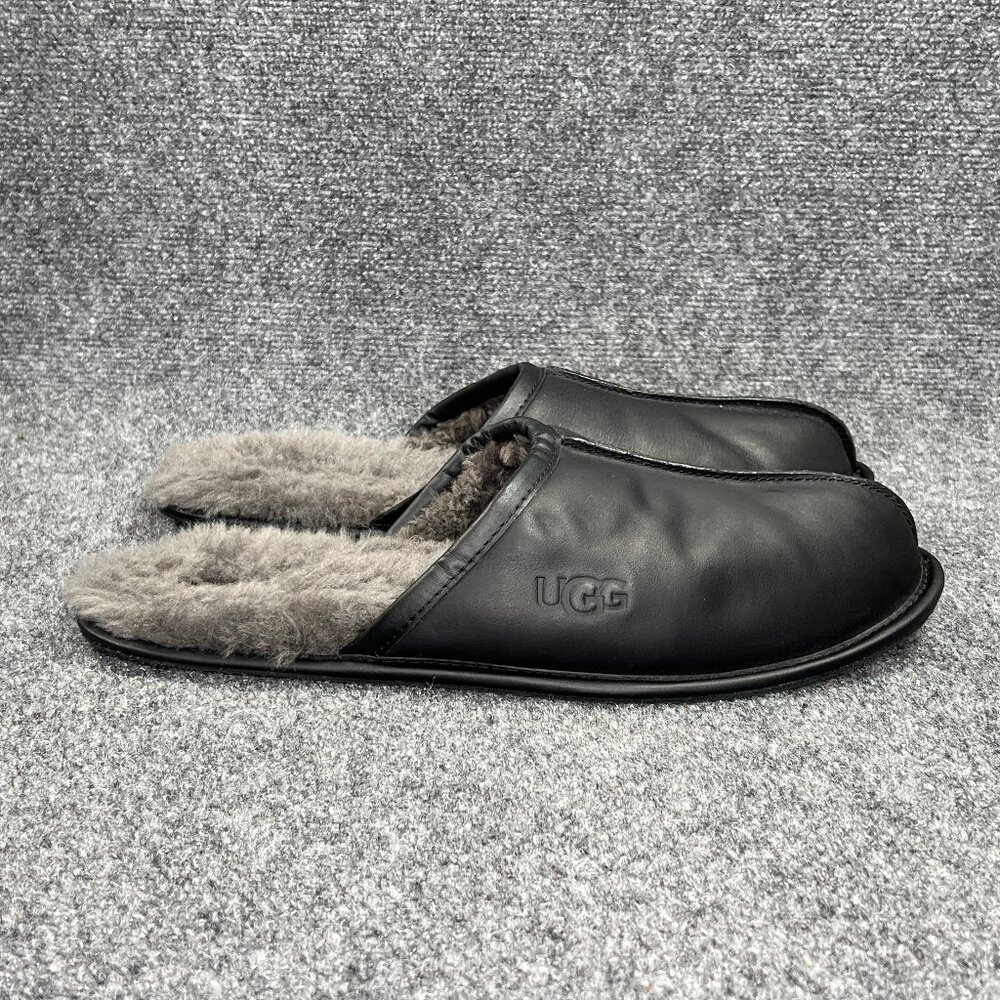 UGG Scuff Slippers Men's 14 Black Leather Slip On Slide Indoor Shearling Shoes